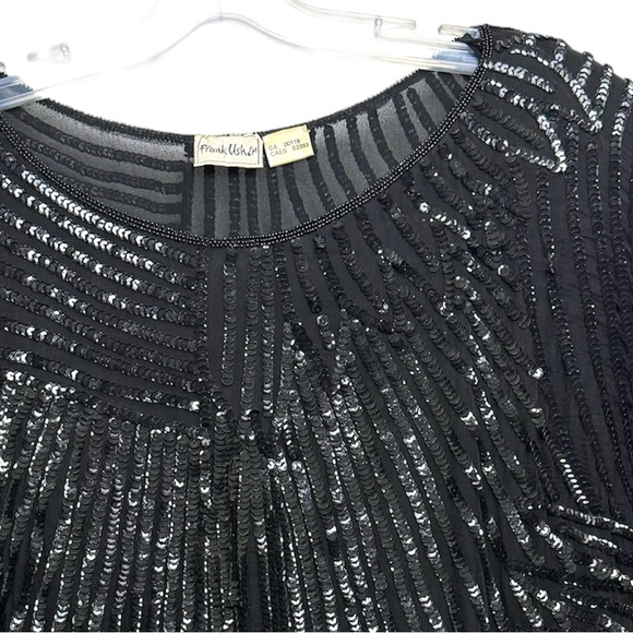 Frank Usher Vintage 1980 100% Silk Sequin Beaded Top Evening Crew Lined Black L - Picture 3 of 16